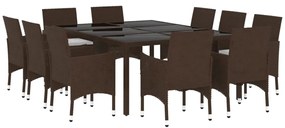 11 pcs conjunto de jantar para jardim vime PE castanho