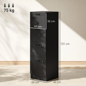 Bloco gavetas de escritório 40 x 40 x 131 cm, móvel de arrumação em madeira com 4 gavetas e fechadura, varas de suspensão ajustáveis, preto