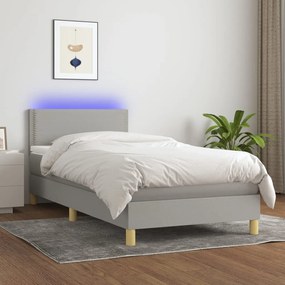 Cama box spring c/ colchão e LED 80x200 cm tecido cinza-claro