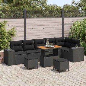 Conjunto de Sofás de Jardim 9 Peças com Almofadas Preto Rattan Poliéster Acacia