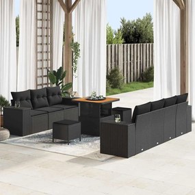 Conjunto de Sofás de Jardim vidaXL de 10 Peças com Almofadas Preto Rattan Polimérico Acácia