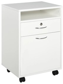 HOMCOM Bloco de Gavetas de Escritório com 4 Rodas Fechadura Prateleira Aberta e Armário 40x35x60 cm Branco