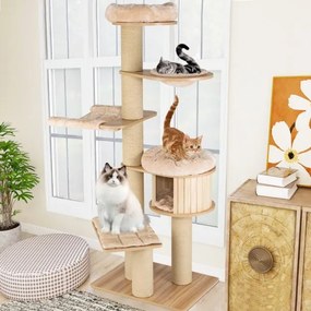Arranhador para gatos Altura 191 cm Centro de atividades para gatos com poleiro espaçoso Rede postes para arranhar e tapetes laváveis Bege