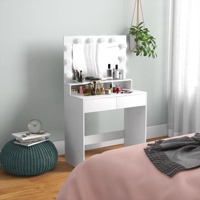 Toucador de Maquilhagem com Espelho Hollywood, 80 x 40 x 135 cm, 10 Lâmpadas com 3 Modos de Iluminação, Branco