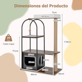 Arranhador para gatos de 118 cm com estrutura metálica Posto de arranhar de juta Tábua de sisal Bola de sisal Centro de actividades suspenso para gato
