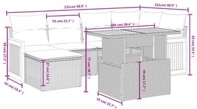 6 pcs conjunto de sofás p/ jardim com almofadões vime PE bege