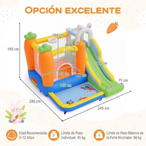 Castelo insuflável infantil com tema de coelho Com soprador de 550 W, com escorrega, piscina de bolas, parede de escalada, saco de transporte, para cr