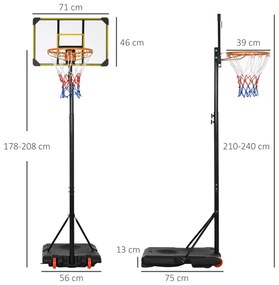 Cesta de Basquetebol com Altura Ajustável 178-208 cm Rodas Base Recarregável para Exterior 75x56x210-240 cm Amarelo e Preto