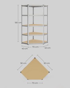 Prateleira industrial de canto 90 x 90 x 180 cm, pode suportar cargas até 875 kg, garagem, arrumos, escritório bege e prateado