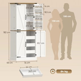 Armário cozinha 76 x 40 x 182 cm 4 portas, 3 gavetas, 8 suportes para prateleiras e prateleiras ajustáveis, 76 x 40 x 182 cm, branco
