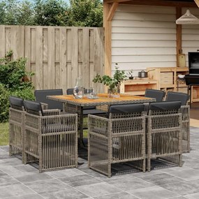 9 pcs conjunto de jantar p/ jardim c/ almofadões vime PE cinza