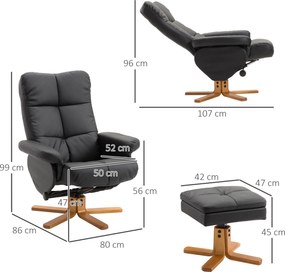 Poltrona relax reclinável, poltrona de sala com apoio para os pés, pufe, compartimento de arrumação e revestimento sintético na cor preta