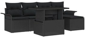 Conjunto de Sofá de Jardim de 6 Peças com Almofadas Preto Rattan Polié