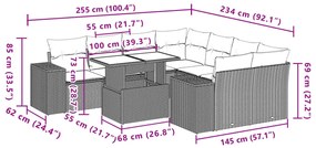 9 pcs conjunto sofás p/ jardim com almofadões vime PE cinzento