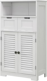 Móvel de casa de banho com 2 portas  61 x 30,5 x 109,5 cm, prateleira ajustável e 2 gavetas, compartimentos abertos, branco