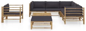 8 pcs conj. lounge jardim em bambu c/ almofadões cinza-escuro