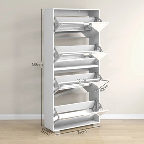 Sapateira 2 em 1 com frentes espelhadas 76 x 26 x 168  cm, 4 portas basculantes, prateleiras ajustáveis, capacidade para até 24 pares, branco