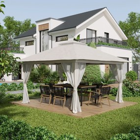 Outsunny Tenda Dobrável Pop-UP 3,92x3,92x2,83m Tenda de Jardim com Altura Ajustável Proteção UV50+ Teto Duplo Rede Mosquiteira e Bolsa de Transporte com Rodas para Festas Campismo Bege