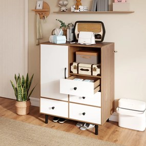 Armário com 4 gavetas e compartimento aberto, com pés de metal 80 x 45,5 x 97,5 cm, cor natural e branco