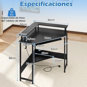 Secretária de canto com estação de carregamento e LED 80 x 80 x 88 cm, bandeja para teclado e suporte para monitor, mesa de gaming preta