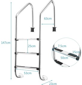 Escada para piscina em aço inoxidável antiderrapante removível com 3 degraus, carga máxima de 150 kg, 53 x 63 x 147 cm Prateado