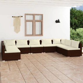 vidaXL 9 pcs conjunto lounge jardim c/ almofadões vime PE castanho