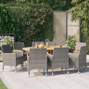 vidaXL 9 pcs conjunto de jantar para jardim com almofadões cinzento