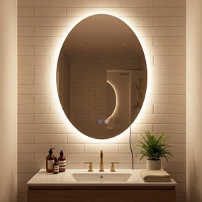 Espelho oval 70 x 50 cm, 3 cores de luz reguláveis, função de memória, espelho de vidro temperado Prata