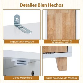 Armário para roupa suja para casa de banho 32 x 31 x 170,5 cm com portas em madeira de borracha Estante de 3 níveis e cesto para roupa suja Branco + N