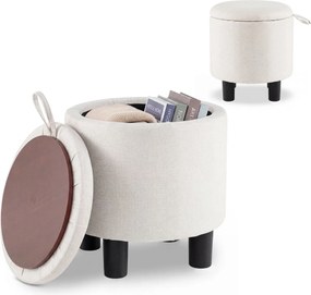 Pufe redondo com espaço de arrumação e tampa rebatível em linho 38 x 42 cm; apoio para os pés ou pufe para sala ou quarto; bege
