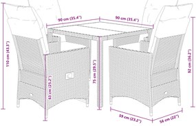 5 pcs conjunto jantar p/ jardim c/ almofadões vime PE castanho