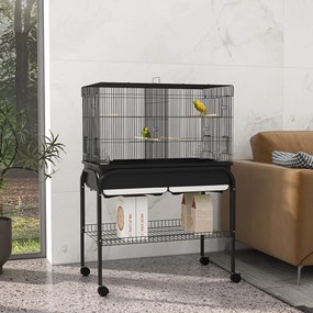 Gaiola grande para pássaros com rodas, ideal para cacatuas, periquitos, canários e papagaios – 85 x 49 x 119 cm, preta