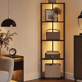 Estante de canto com 5 prateleiras 24,8 x 48 x 146,6 cm, estante para livros com iluminação LED ajustável Preta