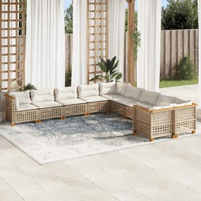 10 pcs conjunto de sofás p/ jardim com almofadões vime PE bege