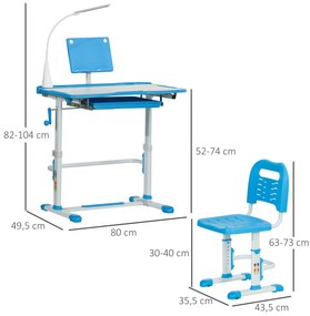 Conjunto de Secretária e Cadeira para Crianças com Altura Ajustável Lâmpada LED 80x49,5x80-105 cm e 36x34x60-73 cm Azul