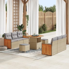 Conjunto de Sofá Modular de 9 Peças vidaXL com Almofadas Bege Vime Polipropileno Acácia
