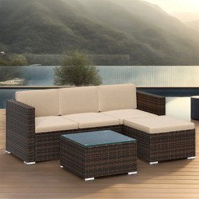 Conjunto de jardim, mobiliário de pátio em Polyrattan, mobiliário de varanda com almofadas e mesa de vidro Castanho-taupe