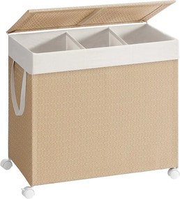 Cesto de roupa suja SONGMICS HOME com 3 seções, grande cesto de roupa com rodinhas de 140 L com rodas, cesto de roupas de vime com tampa, forro removível com alças, bege natural e branco fosco LCB602N01