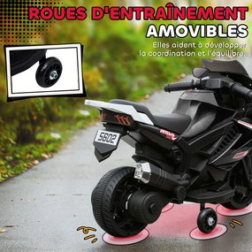 Moto elétrica para crianças 18-36 meses, moto a bateria de 6 V com efeitos luminosos e sonoros, rodas de treino, 75 x 36 x 49 cm, preta