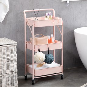 Carrinho Auxiliar com Rodas Dobrável Carrinho de Armazenamento de 3 Níveis com 4 Ganchos para Casa de Banho Cozinha Sala de Estar 43x31x89cm Rosa