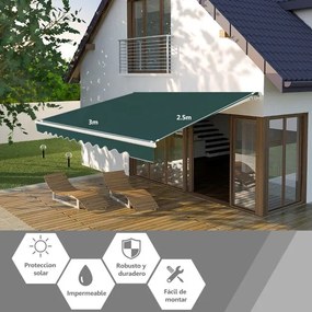 Toldo retrátil 3 x 2,5 m em alumínio com manivela e poliéster impermeável para exterior Verde