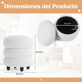 Pufe Redondo Moderna de Chenille com Tampa Removível e com arrumação e Pernas de Madeira de Borracha Versátil Assento Acolchoado Branco
