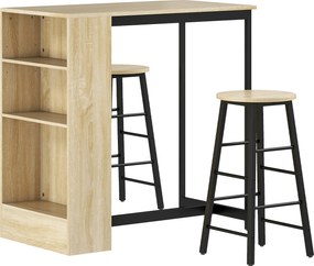 HOMCOM Conjunto Mesa Alta com 2 Bancos Apoios para os Pés 3 Compartimentos Prateleira Ajustável para Cozinha Carvalho | Aosom Portugal
