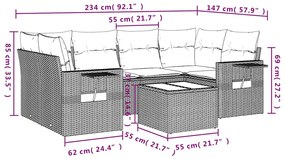 7 pcs conj. sofás jardim com almofadões vime PE cinzento-claro