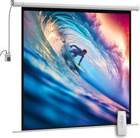 Ecrã de projeção motorizado de 85 polegadas, 4K HD elétrico, montagem na parede ou no teto, painel de controlo e comando à distância branco