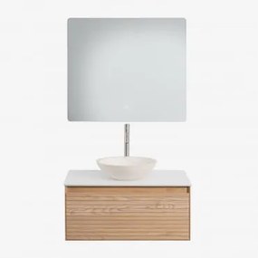 Conjunto De Móvel De Casa De Banho Em Madeira De Freixo Tedrik Castanho Fresno & Cimento Redondo Branco Ø40 Cm Zavion & Led - Sklum