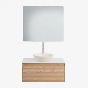 Conjunto De Móvel De Casa De Banho Suspenso Em Madeira De Freixo Tedrik Castanho Fresno & Cimento Redondo Branco Ø40 Cm Zavion & Led - Sklum