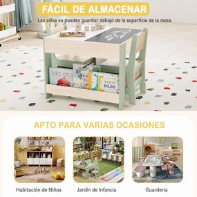 Conjunto de 1 Mesa de Atividades e 2 Cadeiras Infantis, 61,5 x 61,5 x 48 cm, Tampos Reversíveis com Quadro de Giz, Verde