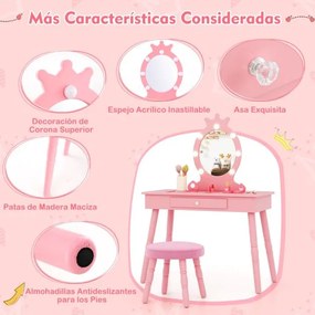 Conjunto de Toucador para Crianças com Espelho Iluminado de Princesa com Gaveta Ajustável com Brilho e Banco Almofadado Rosa