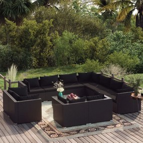 vidaXL 12 pcs conjunto lounge de jardim c/ almofadões vime PE preto